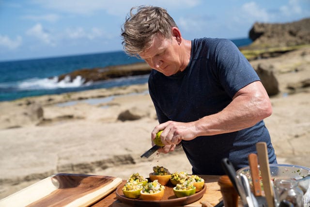 Gordon Ramsay works on his ceviche, served in oranges and grapefruits, during the final cook in Puerto Rico. (Credit: National Geographic/Justin Mandel)